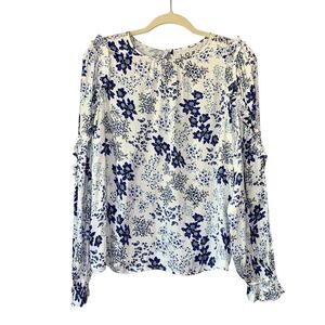 LOFT Floral Ruffle Sleeve Long Sleeve Blouse Top‎ White Blue Women's Size S